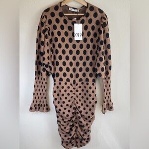 (BNWT) ZARA Jersey Knit Puff Sleeves Ruched Draped Polka Dot Mini Dess.